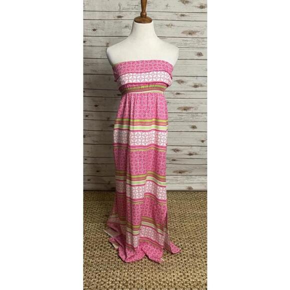 escapada tropical pink/multicolored strapless ruffled maxi dress Size Small - Picture 1 of 6